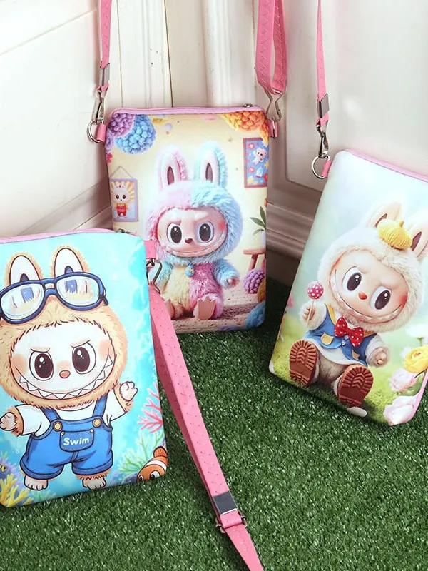 POP MART Labubu Crossbody Bag for Kids & Students – Cute Cartoon Shoulder Bag with Double Zipper, Fits Cell Phone & Essentials, Adjustable Strap for Daily Use